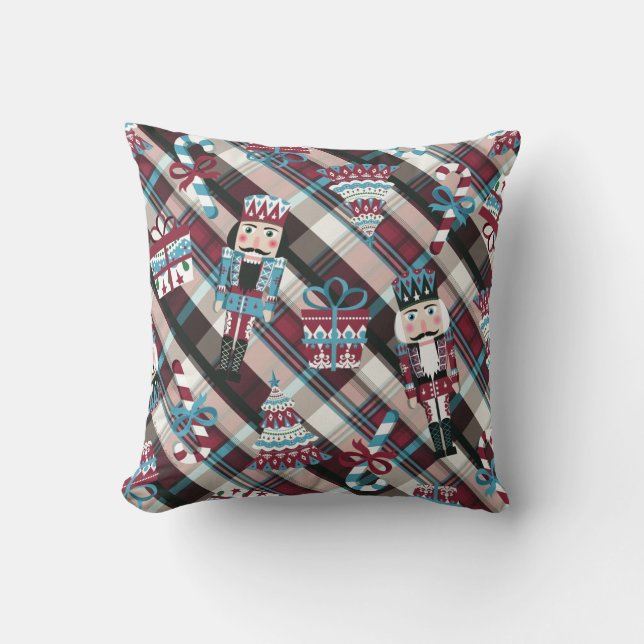 Christmas Nutcracker Plaid Blue Burgundy Throw Pillow (Front)