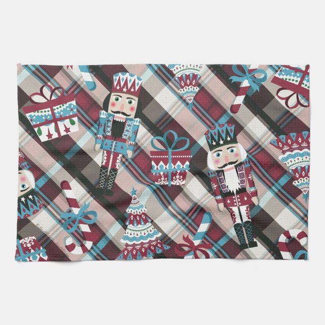Christmas Nutcracker Plaid Blue Burgundy Towel (Horizontal)