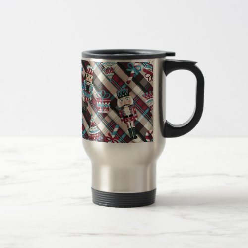 Christmas Nutcracker Plaid Blue Burgundy Travel Mug