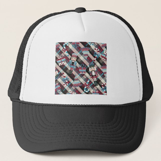 Christmas Nutcracker Plaid Blue Burgundy Trucker Hat (Front)