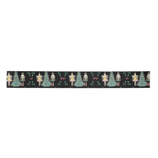 Christmas Nutcracker Soldiers & Fairies on Black  Satin Ribbon (Front)