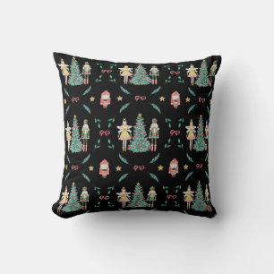 Christmas Nutcracker Soldiers & Fairies on Black Throw Pillow