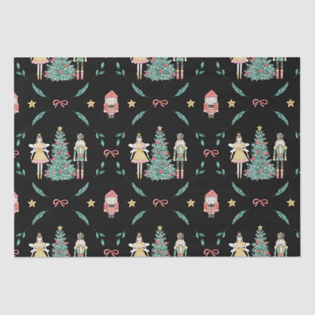 Christmas Nutcracker Soldiers & Fairies on Black  Tissue Paper (Front)