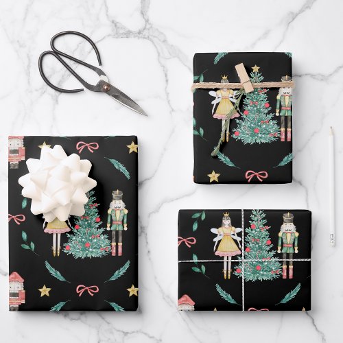 Christmas Nutcracker Soldiers  Fairies on Black  Wrapping Paper Sheets