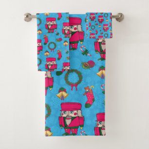 Christmas Nutcracker toy,Blue snowflake pattern Bath Towel Set