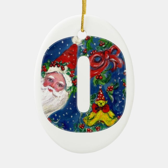CHRISTMAS O LETTER / SANTA CLAUS WITH RED RIBBON CERAMIC ORNAMENT (Front)