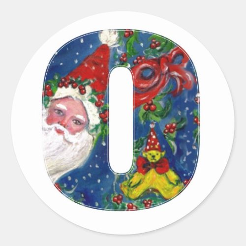 CHRISTMAS O LETTER  SANTA CLAUS WITH RED RIBBON CLASSIC ROUND STICKER