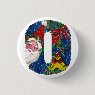 CHRISTMAS O LETTER / SANTA RED RIBBON MONOGRAM PINBACK BUTTON