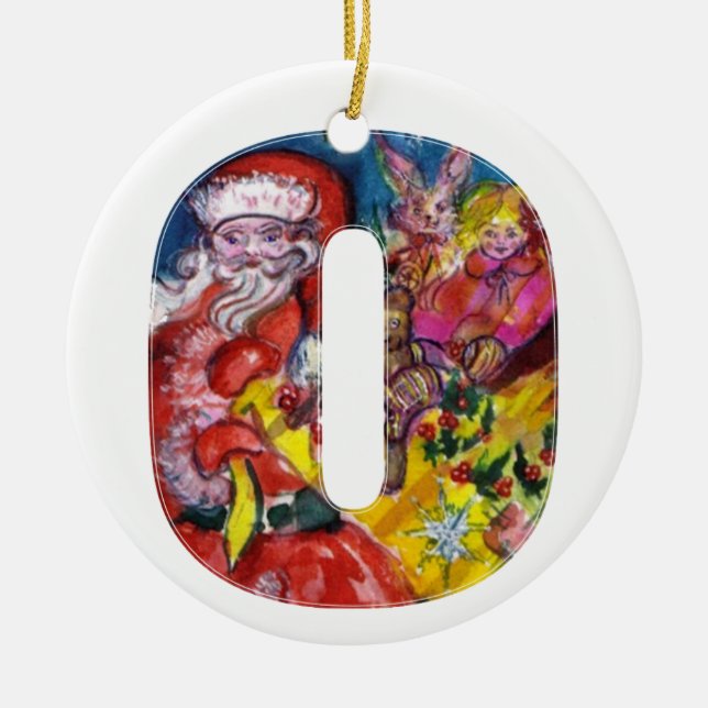 CHRISTMAS O LETTER  / SANTA  WITH GIFTS MONOGRAM CERAMIC ORNAMENT (Front)