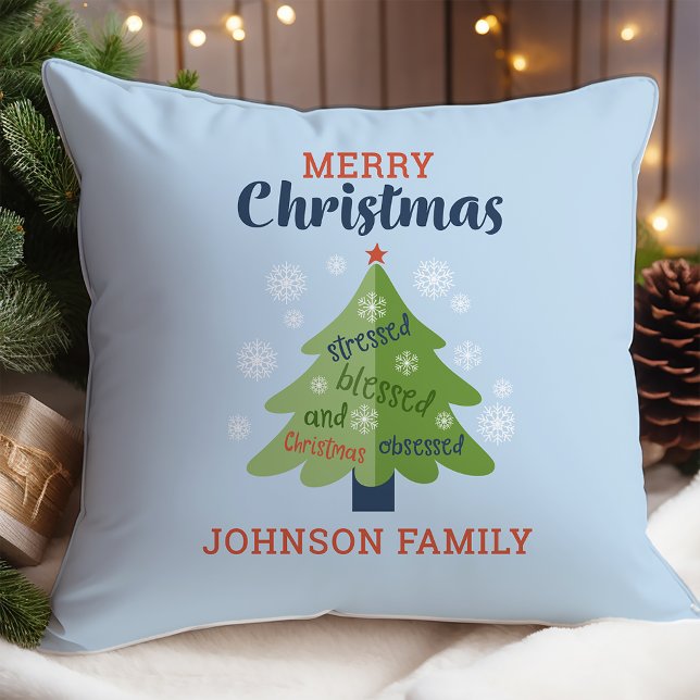 Christmas Obsessed Personalized Family Name Throw Pillow (Creator Uploaded)