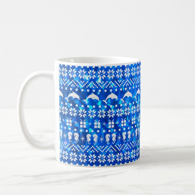 Christmas Ocean Dolphins and Seahorses Festive Coffee Mug (Left)
