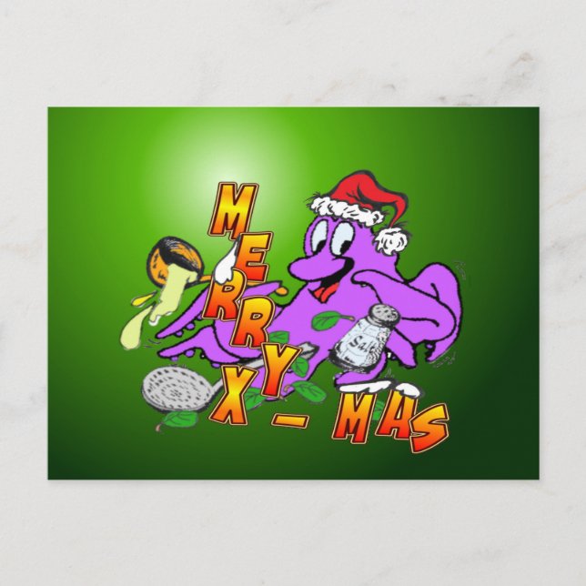 Christmas Octopus Cook Merry X-Mas Postcard (Front)