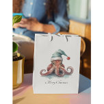 Christmas Octopus, customizable Large Gift Bag<br><div class="desc">watercolor painting of a cute pink octopus wearing a turquoise winter hat in christmas style</div>