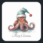 Christmas Octopus, customizable Square Sticker<br><div class="desc">watercolor painting of a cute pink octopus wearing a turquoise winter hat in christmas style</div>