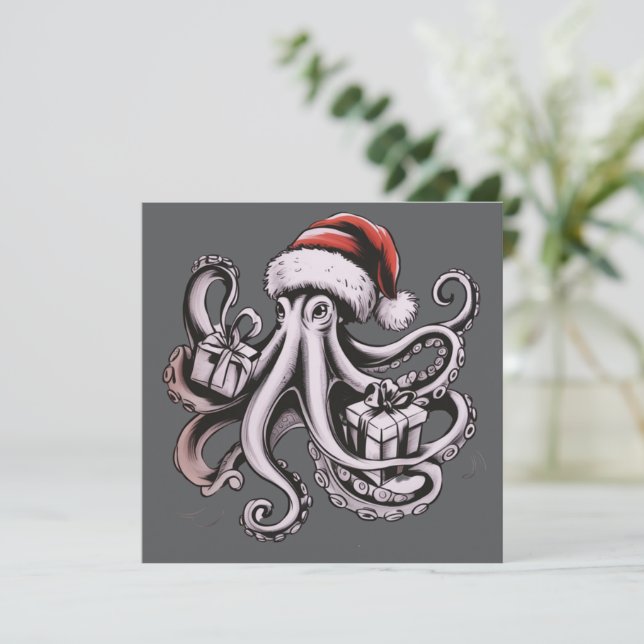 Christmas Octopus Holiday Santa Hat Xmas  Card (Standing Front)