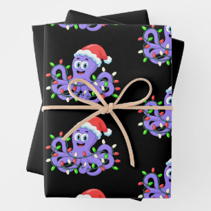 Christmas Octopus Santa Hat Lights Tentacles Xmas Wrapping Paper Sheets