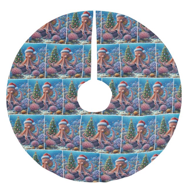 Christmas Octopus Wearing a Santa Hat Brushed Polyester Tree Skirt (Front)