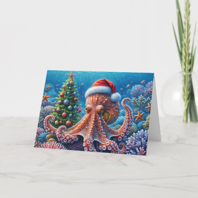 Christmas Octopus Wearing a Santa Hat Card (Front)
