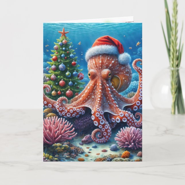 Christmas Octopus Wearing a Santa Hat Card (Front)