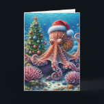 Christmas Octopus Wearing a Santa Hat Card<br><div class="desc">A whimsical underwater scene features an octopus wearing a Santa hat surrounded by colorful coral and a decorated Christmas tree.
All text can be changed.</div>