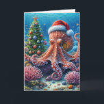 Christmas Octopus Wearing a Santa Hat Card<br><div class="desc">A whimsical underwater scene features an octopus wearing a Santa hat surrounded by colorful coral and a decorated Christmas tree.
All text can be changed.</div>