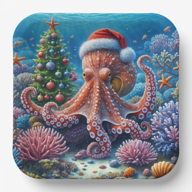 Christmas Octopus Wearing a Santa Hat Paper Plates (Front)