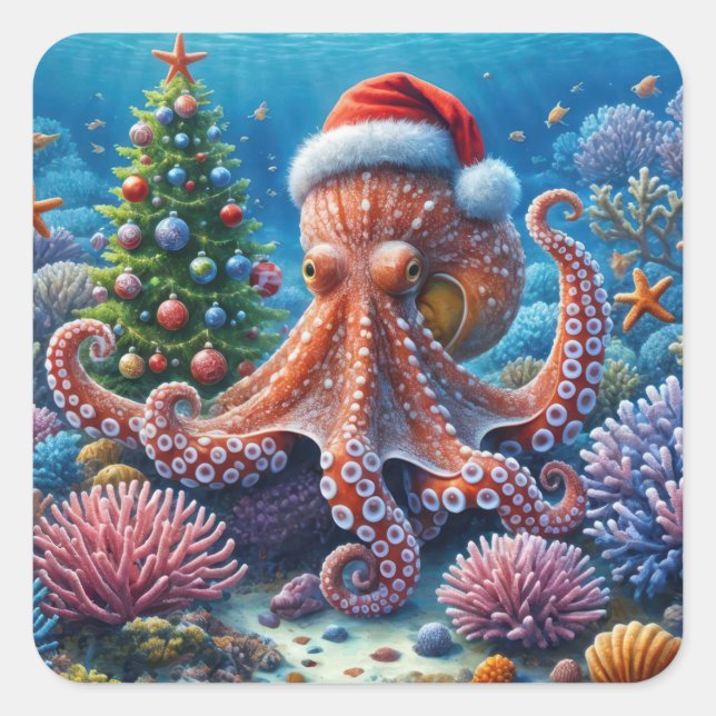 Christmas Octopus Wearing a Santa Hat Square Sticker (Front)