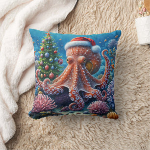 Christmas Octopus Wearing a Santa Hat Throw Pillow