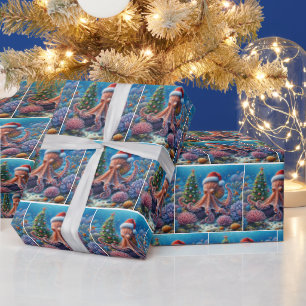 Christmas Octopus Wearing a Santa Hat Wrapping Paper