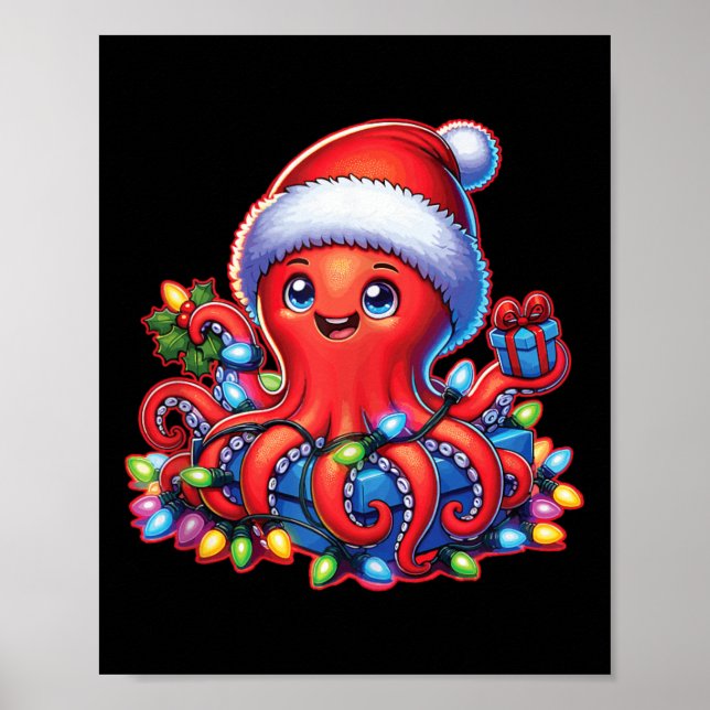 Christmas Octopus With Santa Hat And Holiday Light Poster (Front)