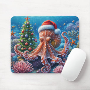 Christmas Octopus With Santa Hat Mouse Pad