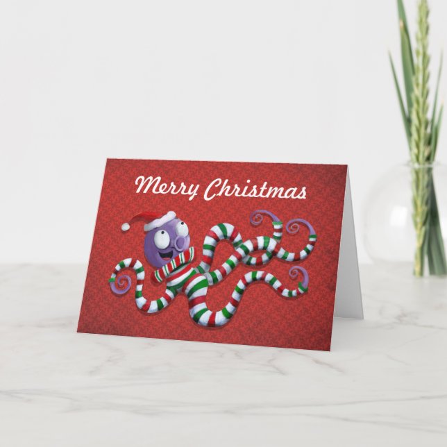 Christmas Octopus with stripes Holiday Card (Front)