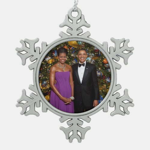 Christmas of President Barack Obama and Michelle Snowflake Pewter Christmas Ornament