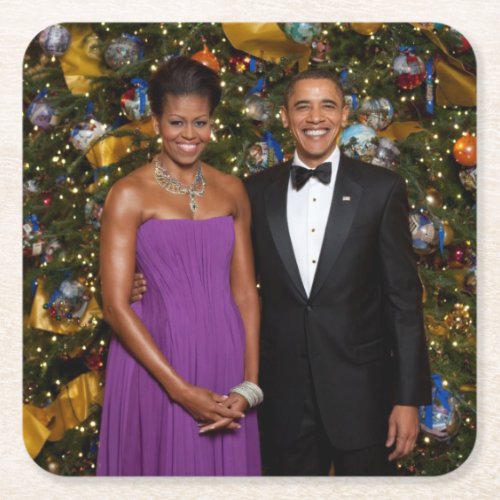 Christmas of President Barack Obama and Michelle Square Paper Coaster