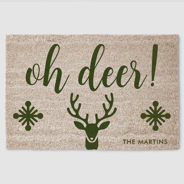 Christmas Oh Deer Holiday Personalized Welcome Fiber Doormat (Front)