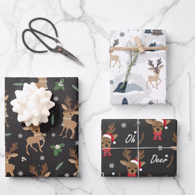 Christmas Oh Deer Reindeer Santa Hat Snow Black  Wrapping Paper Sheets (Front)