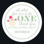 Christmas Oh What Fun First Birthday  Classic Round Sticker<br><div class="desc">Celebrate your little one's first birthday in festive style with our “Oh What Fun It Is to Be ONE” Christmas-themed invitation! Designed in sweet shades of red and green, this charming invite perfectly blends holiday cheer with birthday magic. Featuring whimsical winter elements, and a joyful message, it’s the perfect way...</div>