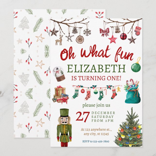 Christmas Oh What Fun First Birthday Invitation (Front/Back)