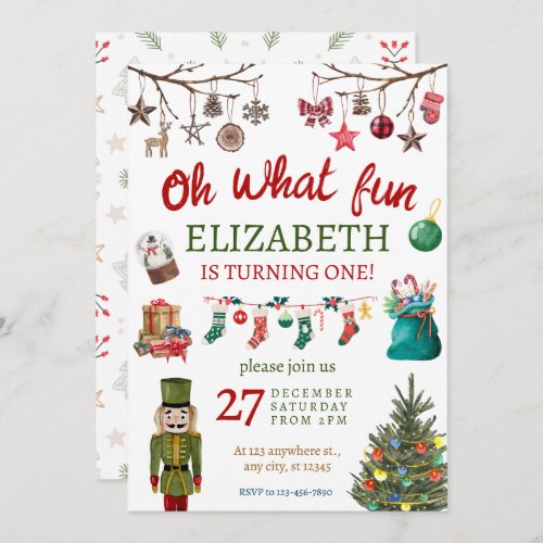 Christmas Oh What Fun First Birthday Invitation