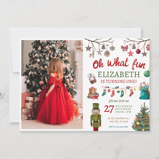 Christmas Oh What Fun First Birthday Invitation (Front)