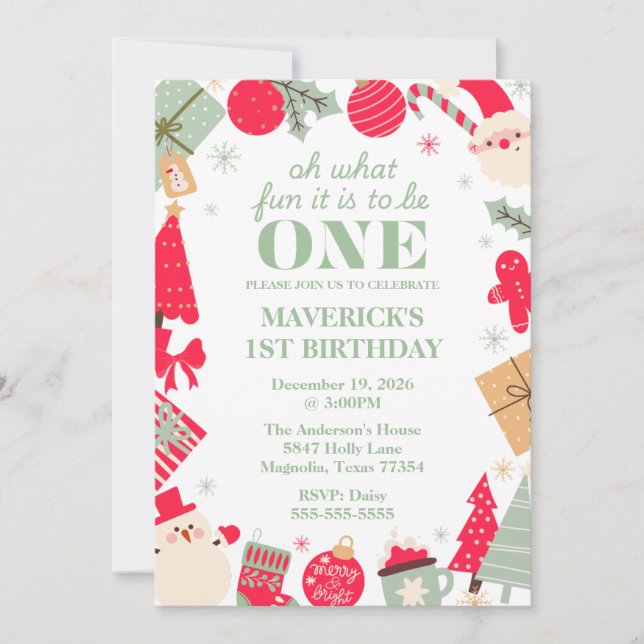 Christmas Oh What Fun First Birthday  Invitation (Front)