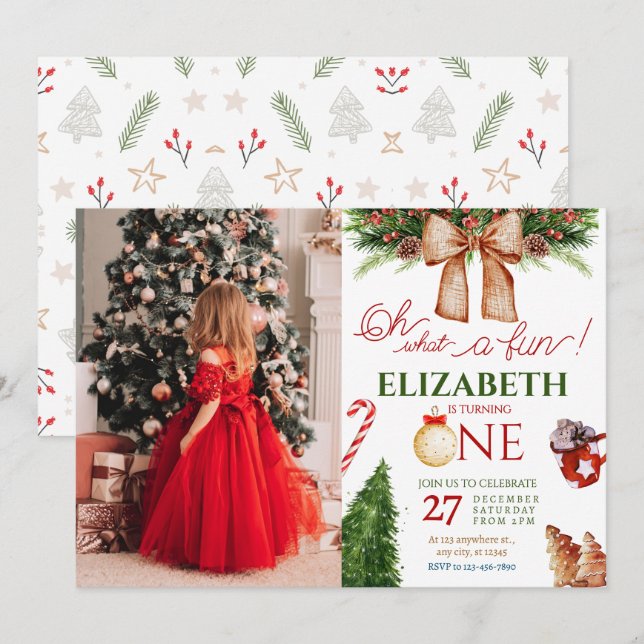 Christmas Oh What Fun First Birthday Photo Invitation (Front/Back)