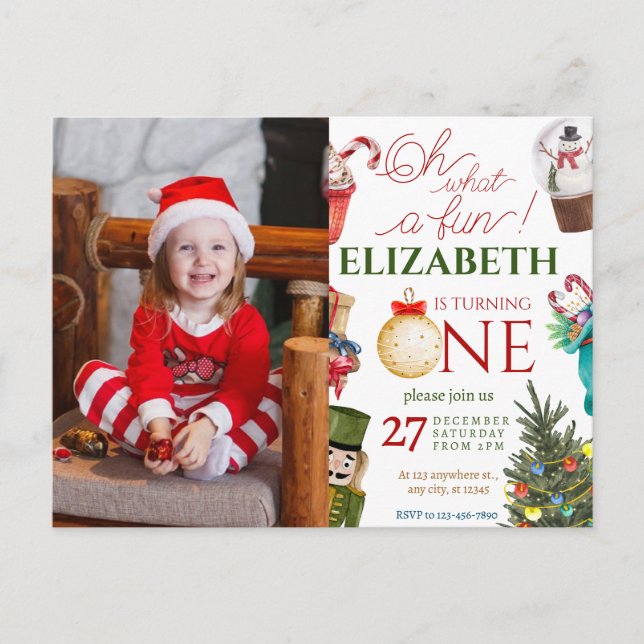Christmas Oh What Fun First Birthday Postcard (Front)