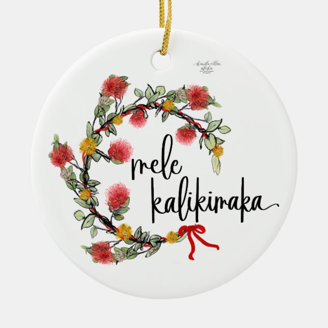 Christmas 'Ohi'a Lehua wreath porcelain ornament (Front)