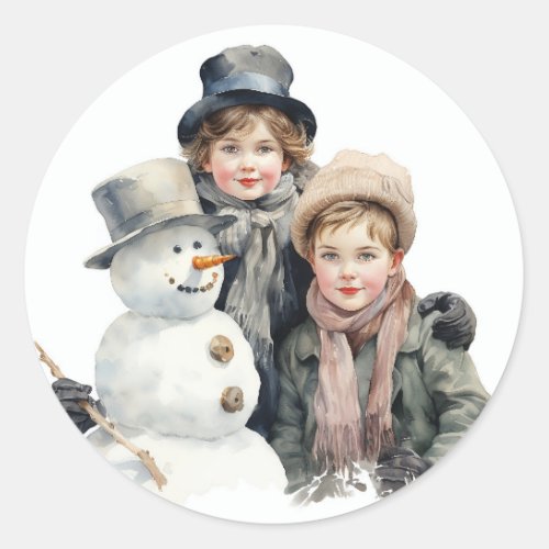 Christmas Old_fashion Children Snowman Watercolor  Classic Round Sticker