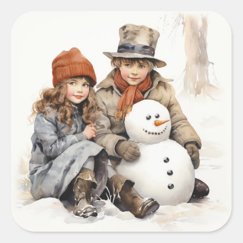 Christmas Old_fashion Children Snowman Watercolor  Square Sticker