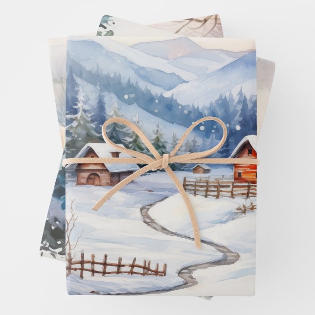 Christmas Old Fashioned Farms In the Mountains Wrapping Paper Sheets (In situ)