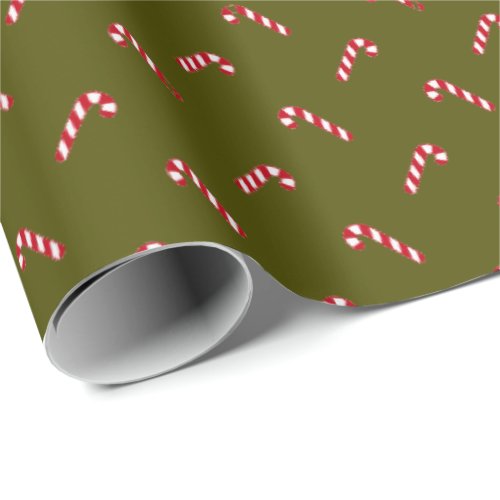 Christmas olive moss green red candy cane cute wrapping paper