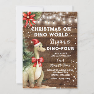 Christmas On Dino World Wood Dinosaur 4th Birthday Invitation