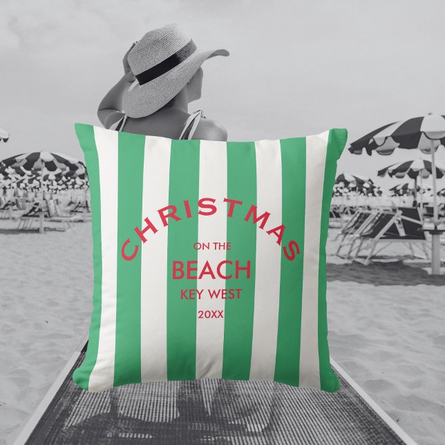 Christmas On The Beach Custom Green Cabana Stripe  Outdoor Pillow (Creator Uploaded)